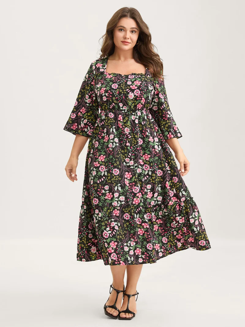 Floral Ruffled Square Neck Midi Dress