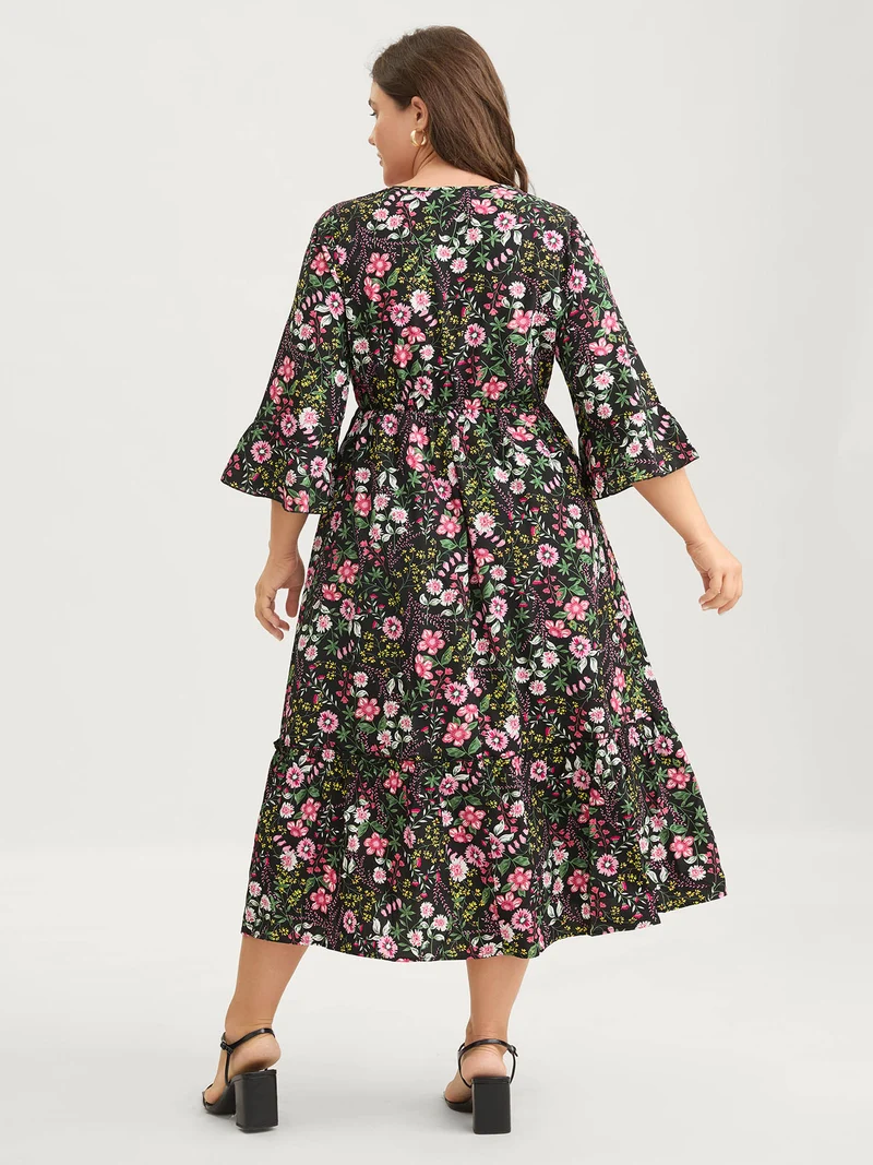 Floral Ruffled Square Neck Midi Dress