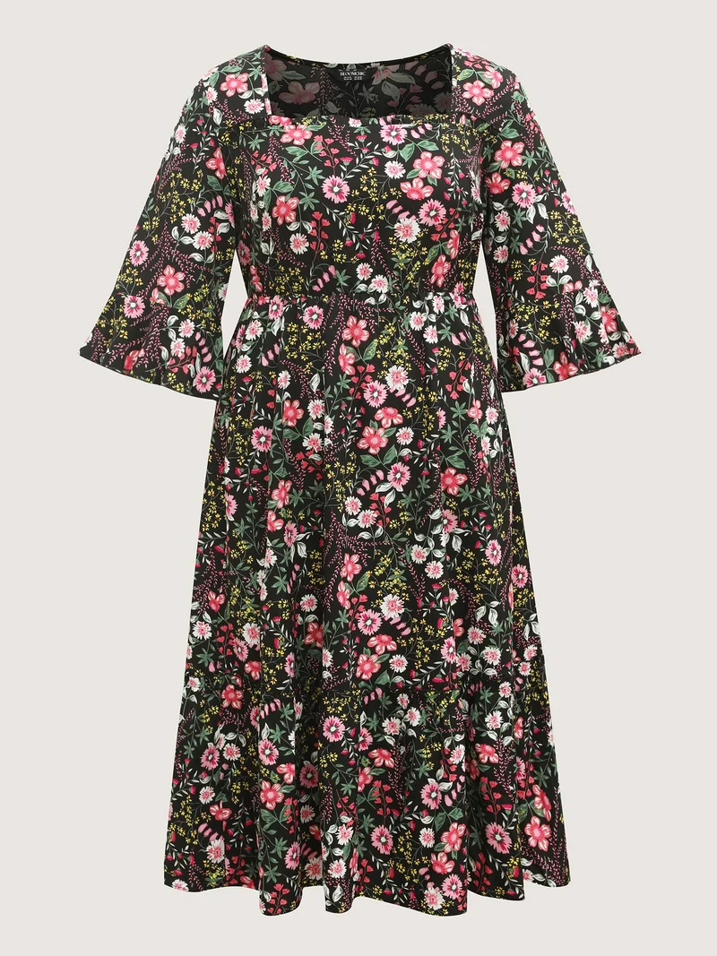 Floral Ruffled Square Neck Midi Dress