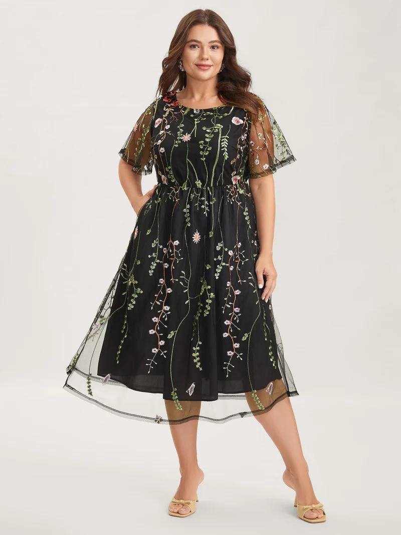 Plant Embroidery Sheer Cinched-Waist Midi Dress