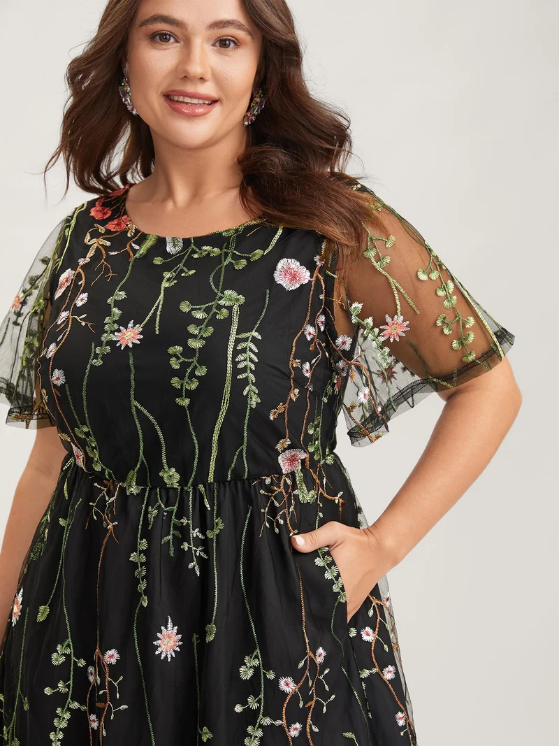 Plant Embroidery Sheer Cinched-Waist Midi Dress