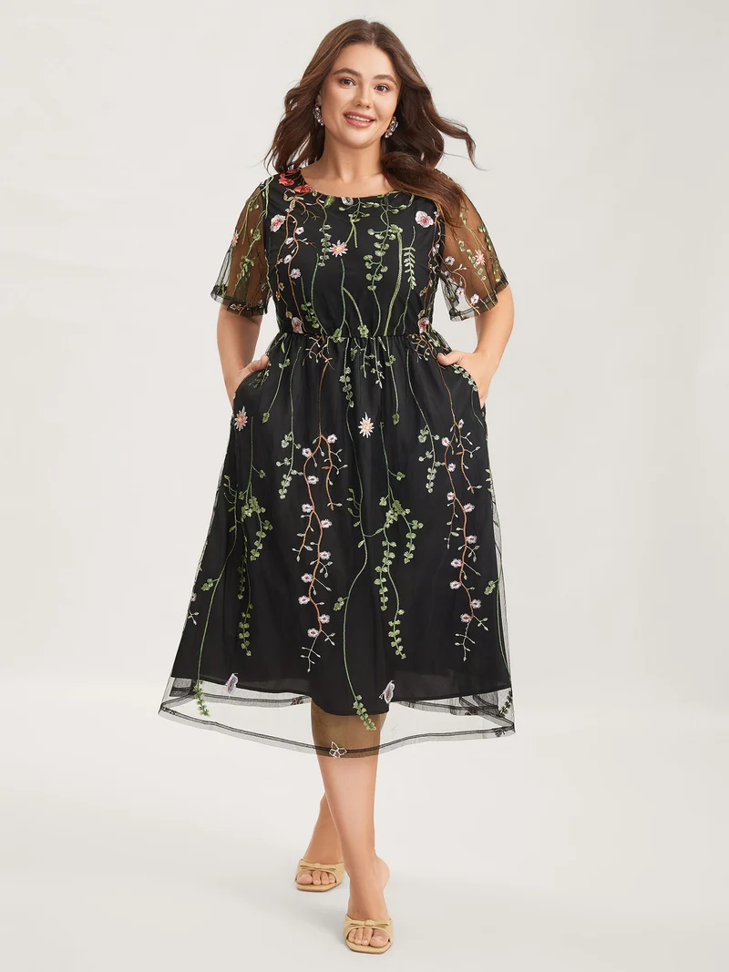 Plant Embroidery Sheer Cinched-Waist Midi Dress