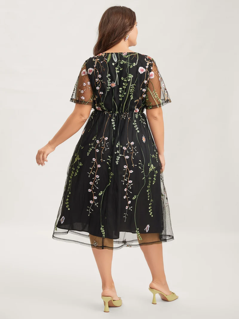 Plant Embroidery Sheer Cinched-Waist Midi Dress