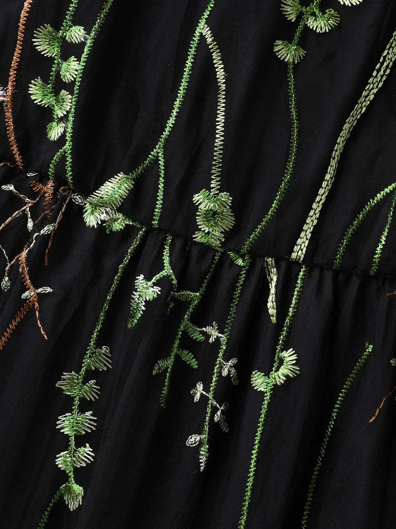 Plant Embroidery Sheer Cinched-Waist Midi Dress