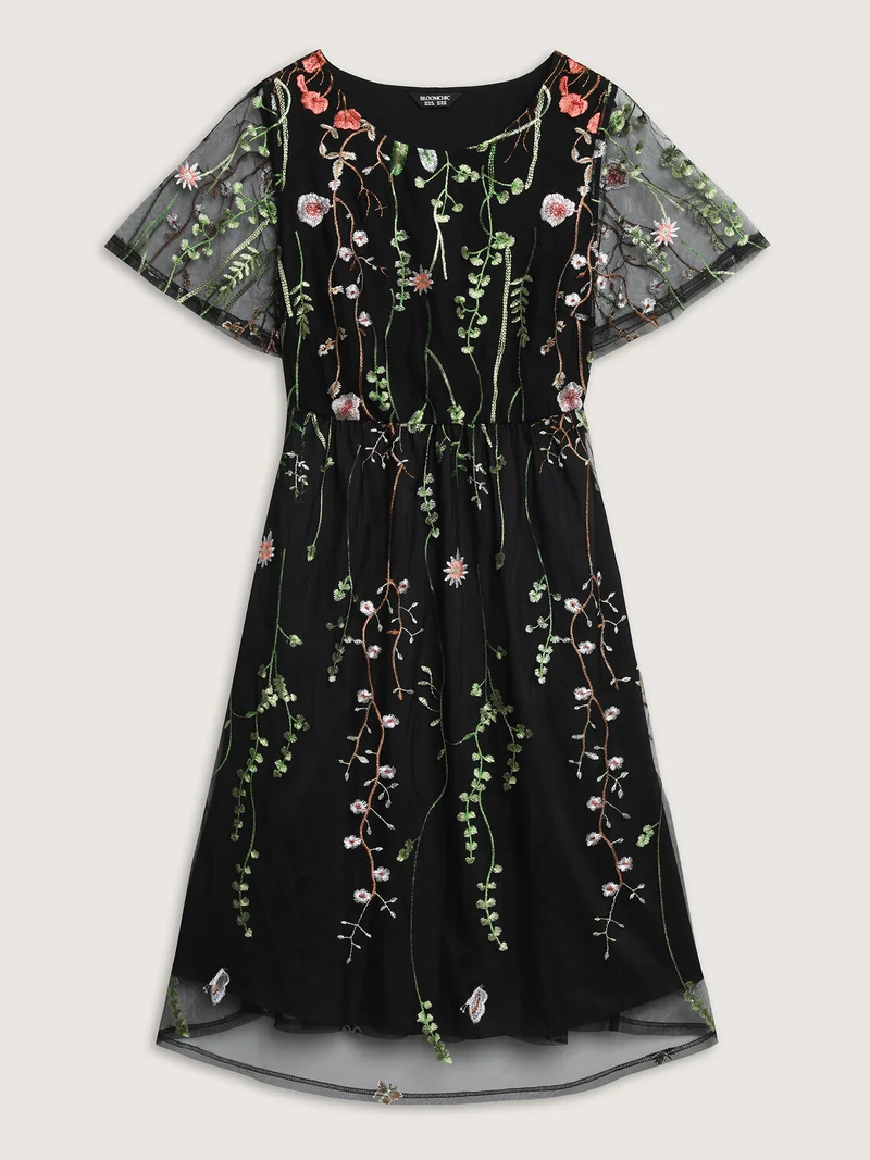 Plant Embroidery Sheer Cinched-Waist Midi Dress
