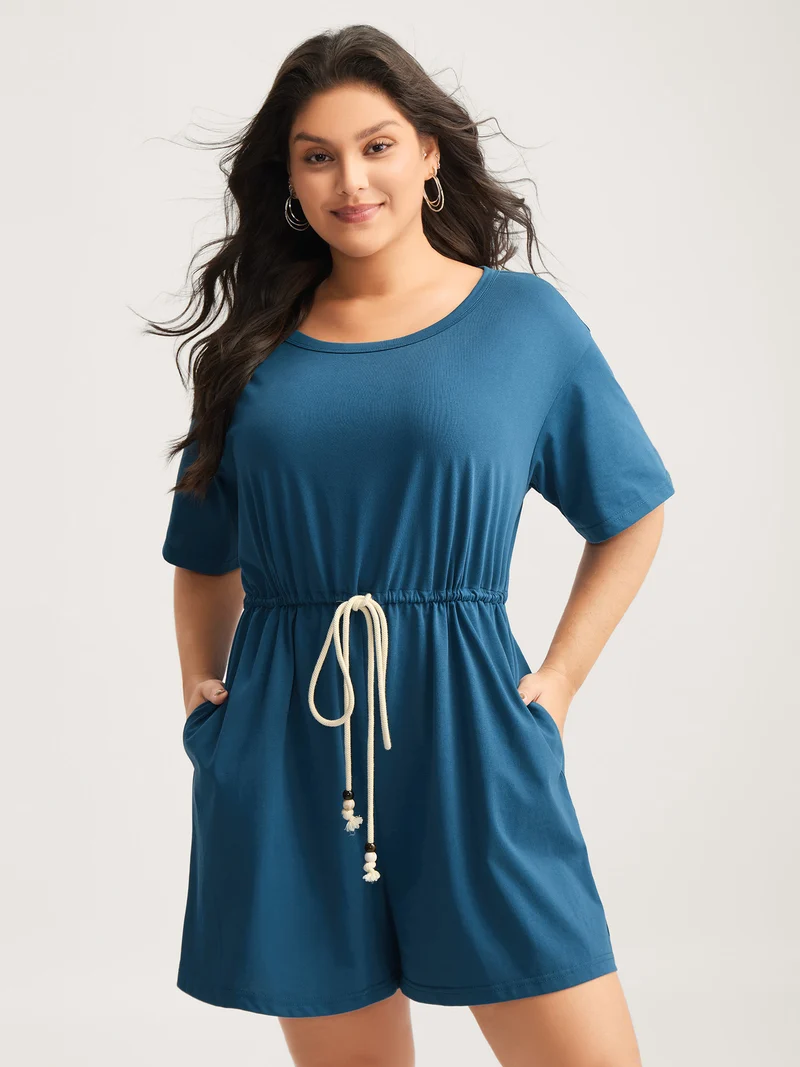 Solid Knit Waist Drawstring Romper