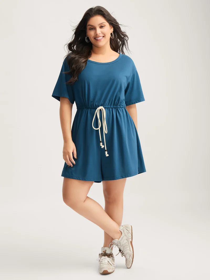 Solid Knit Waist Drawstring Romper