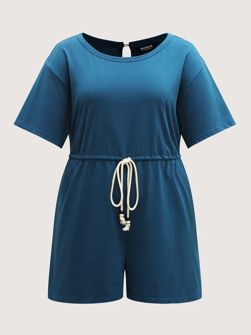 Solid Knit Waist Drawstring Romper