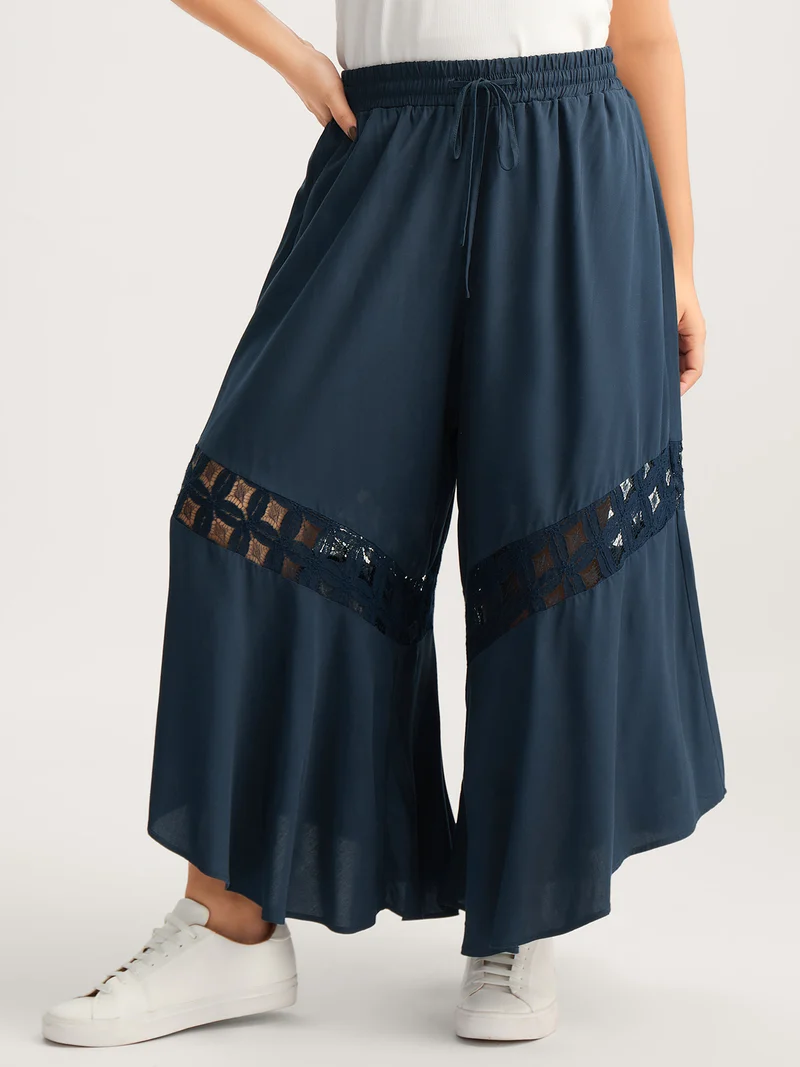 Sheer Lace Trim Flared Drawstring Pants