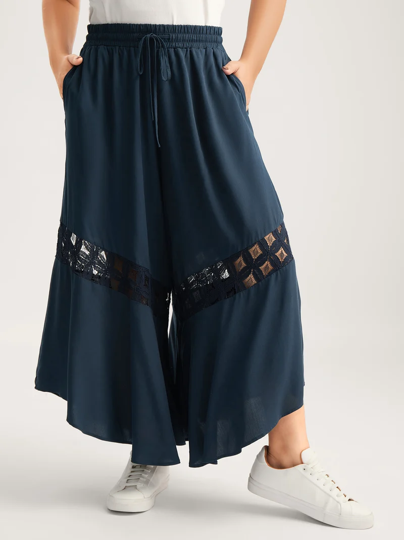 Sheer Lace Trim Flared Drawstring Pants