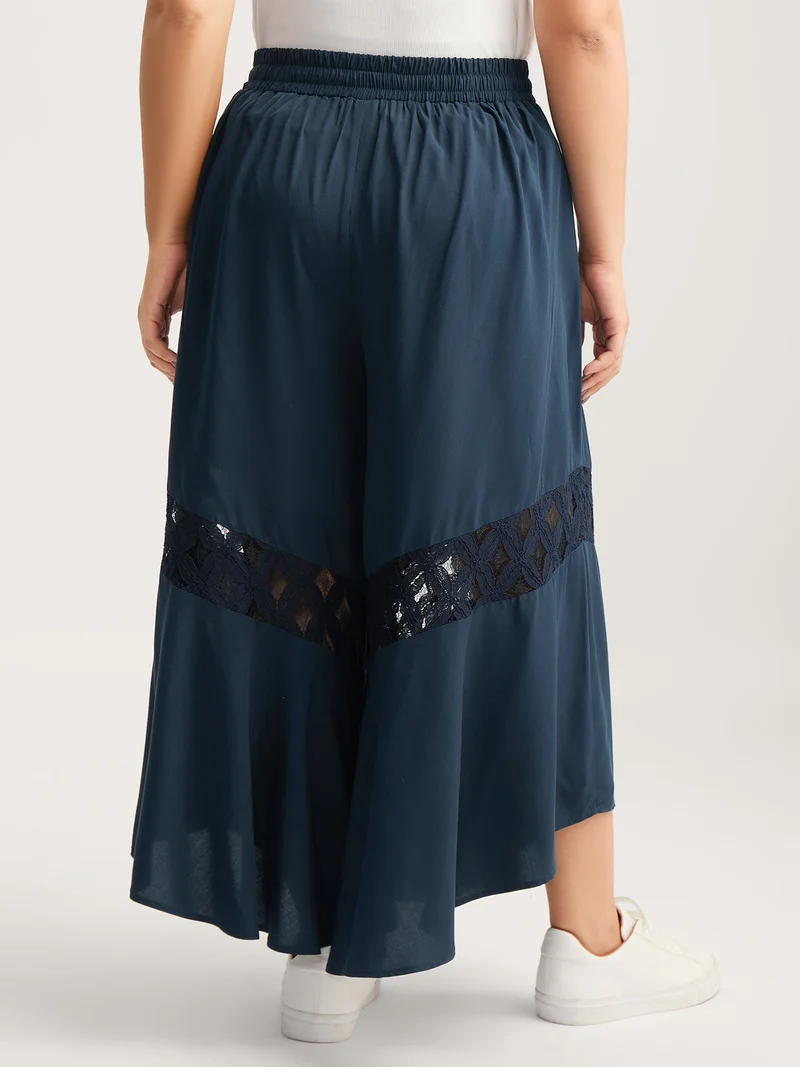 Sheer Lace Trim Flared Drawstring Pants