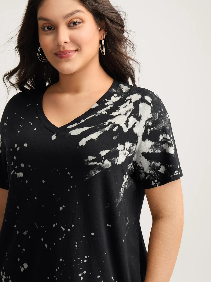 Cotton Tie-Dye Stretchy V-Neck T-Shirt