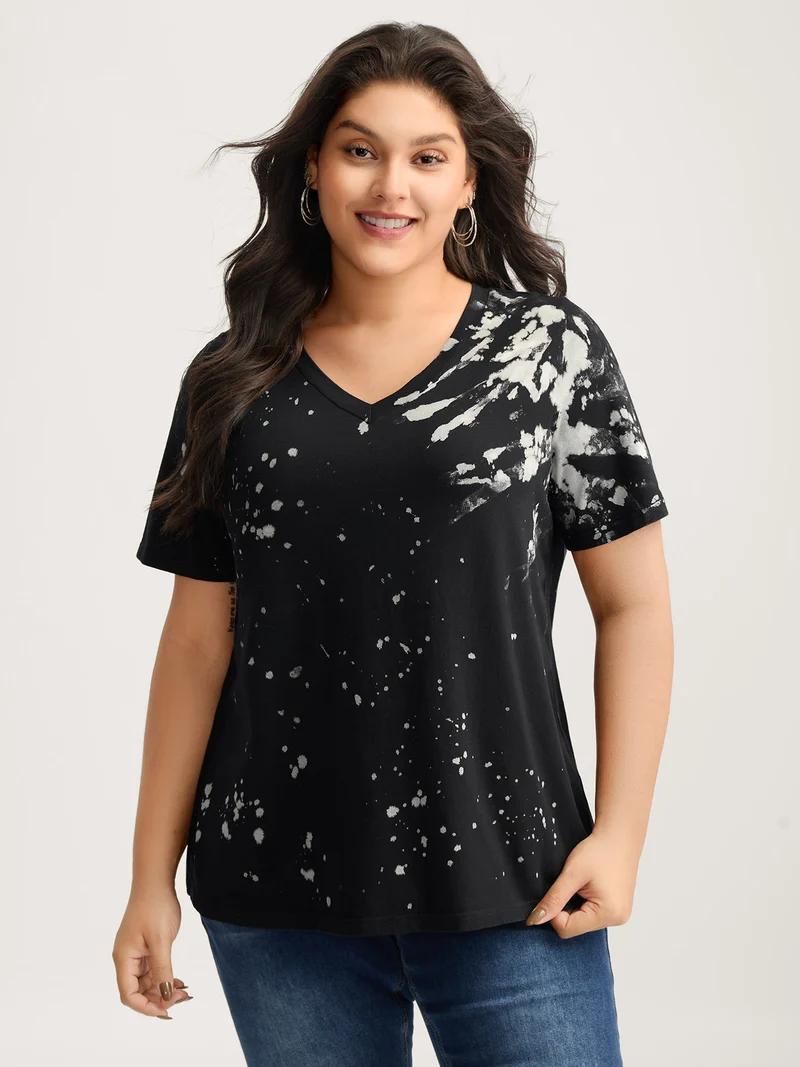 Cotton Tie-Dye Stretchy V-Neck T-Shirt