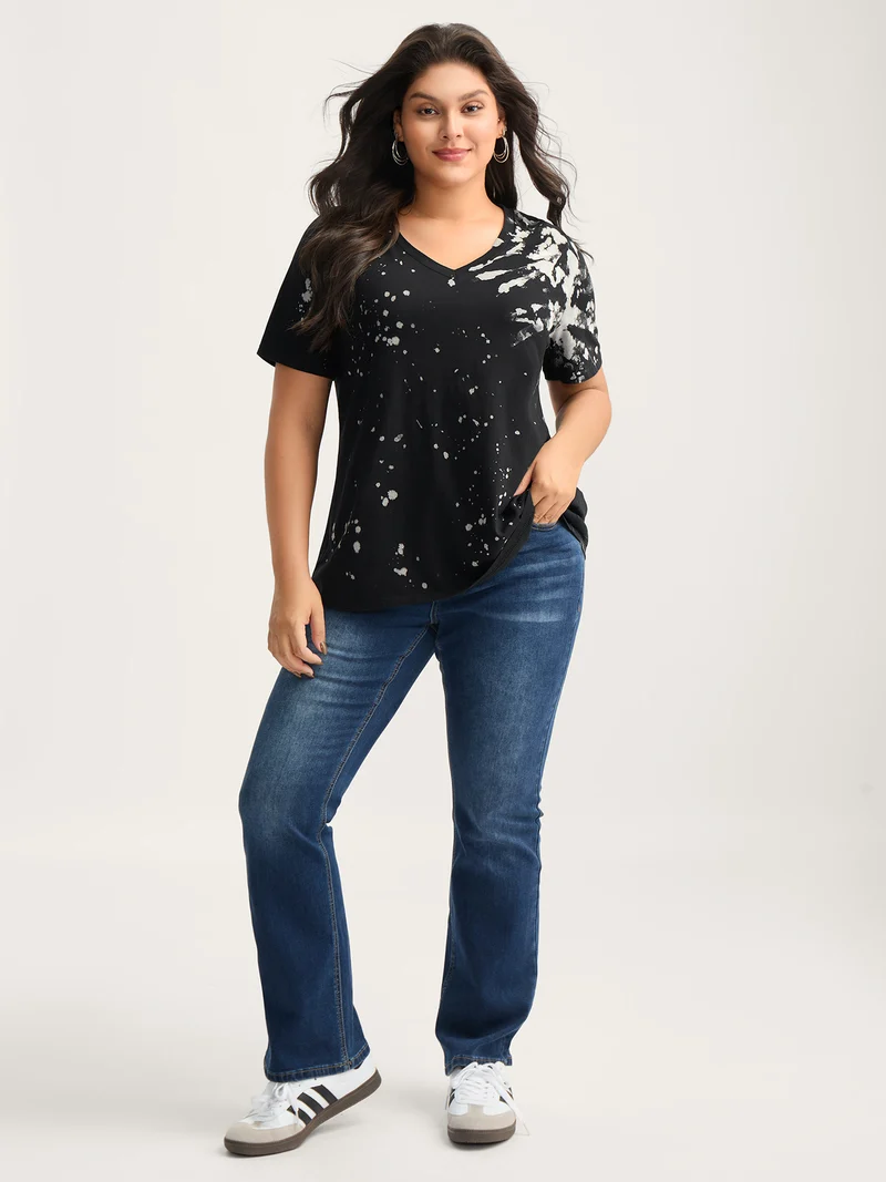 Cotton Tie-Dye Stretchy V-Neck T-Shirt