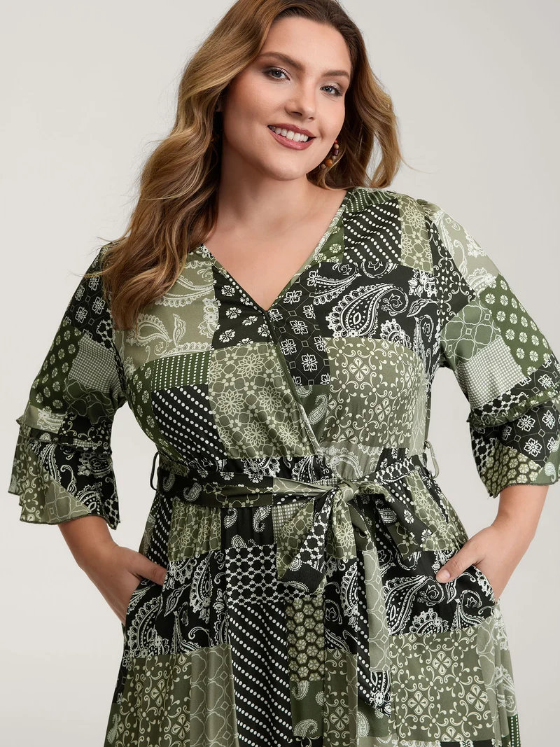 Boho Print Wrap Neckline Belted Maxi Dress