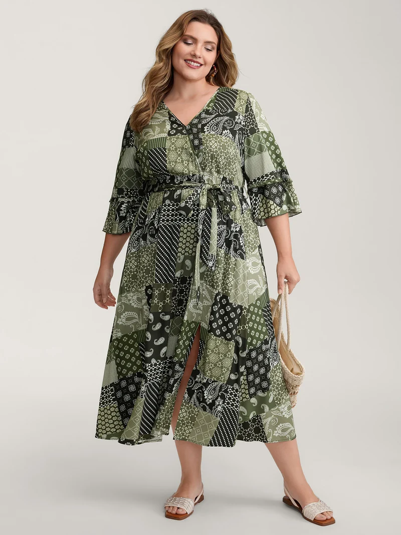 Boho Print Wrap Neckline Belted Maxi Dress