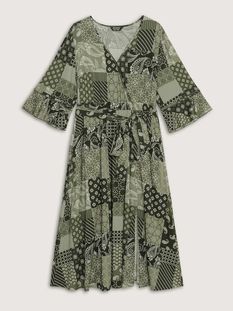 Boho Print Wrap Neckline Belted Maxi Dress