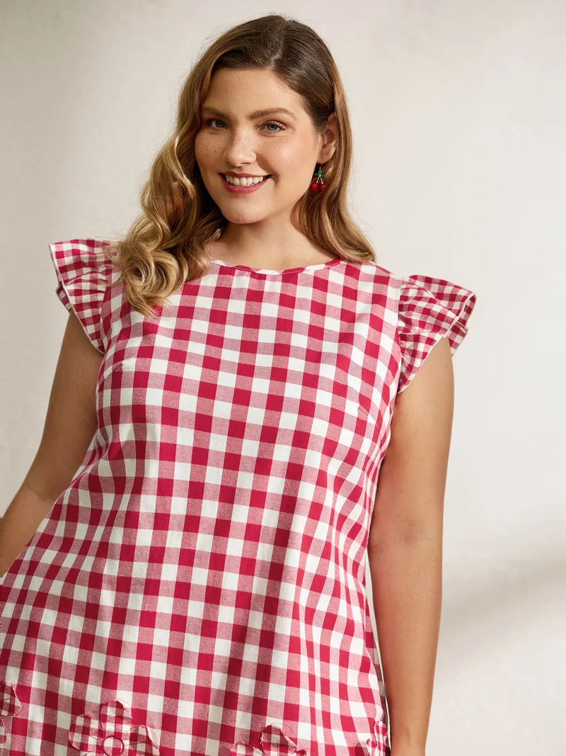 Cotton Gingham Embroidered Ruffled Hem Knee Dress