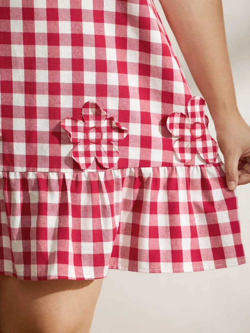 Cotton Gingham Embroidered Ruffled Hem Knee Dress