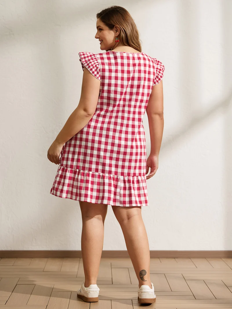 Cotton Gingham Embroidered Ruffled Hem Knee Dress