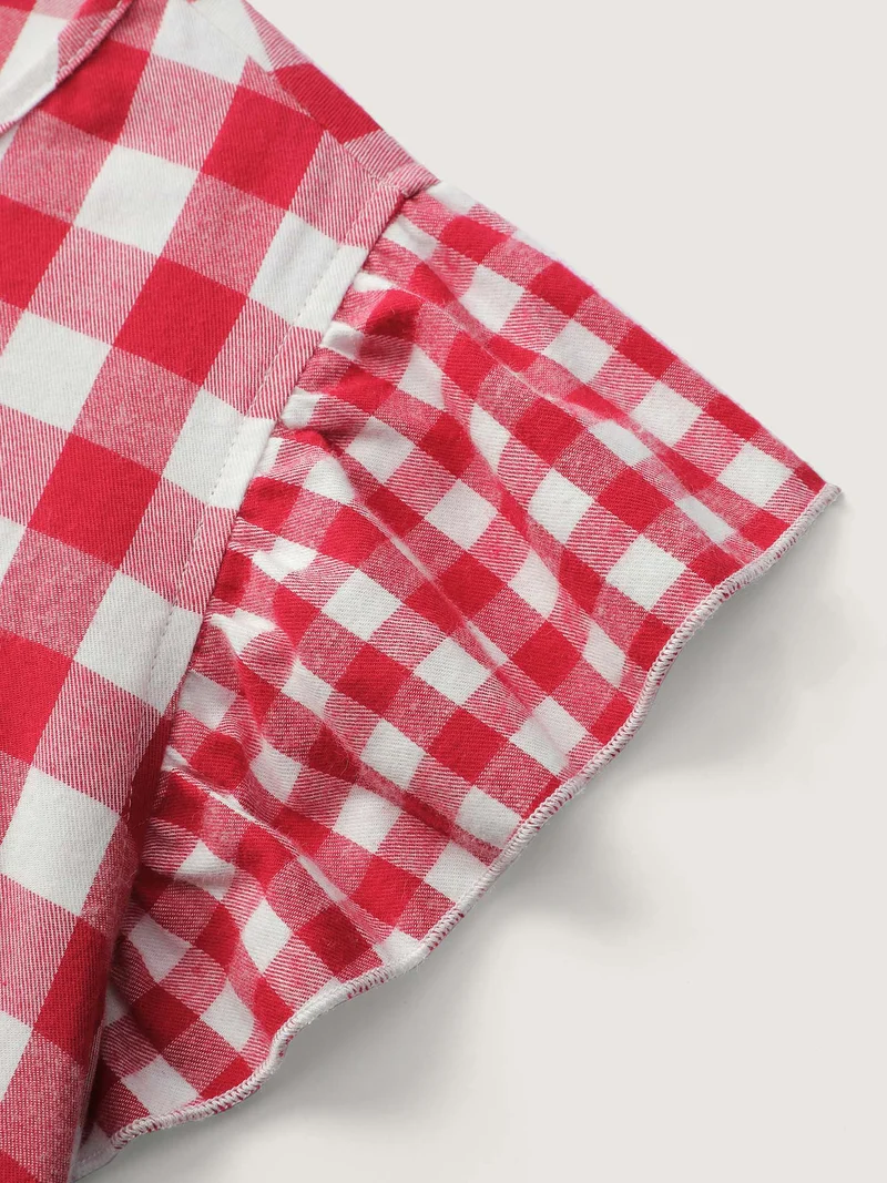 Cotton Gingham Embroidered Ruffled Hem Knee Dress
