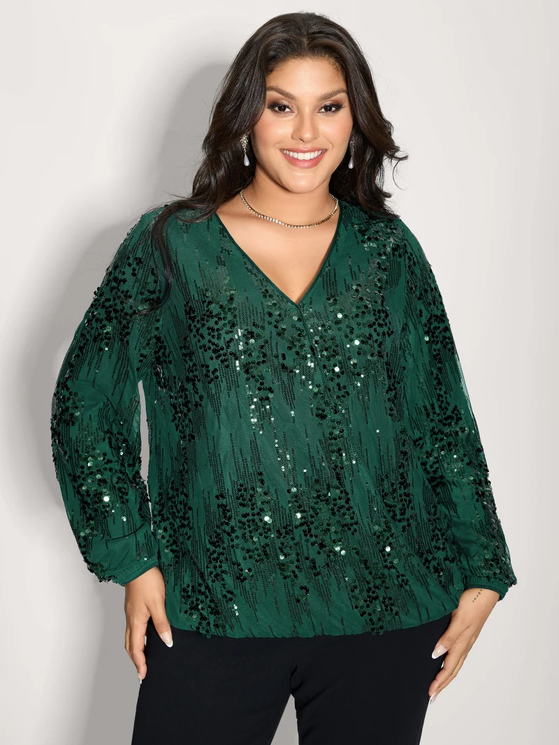 Shimmery Sequin Wrap V-Neck Blouse