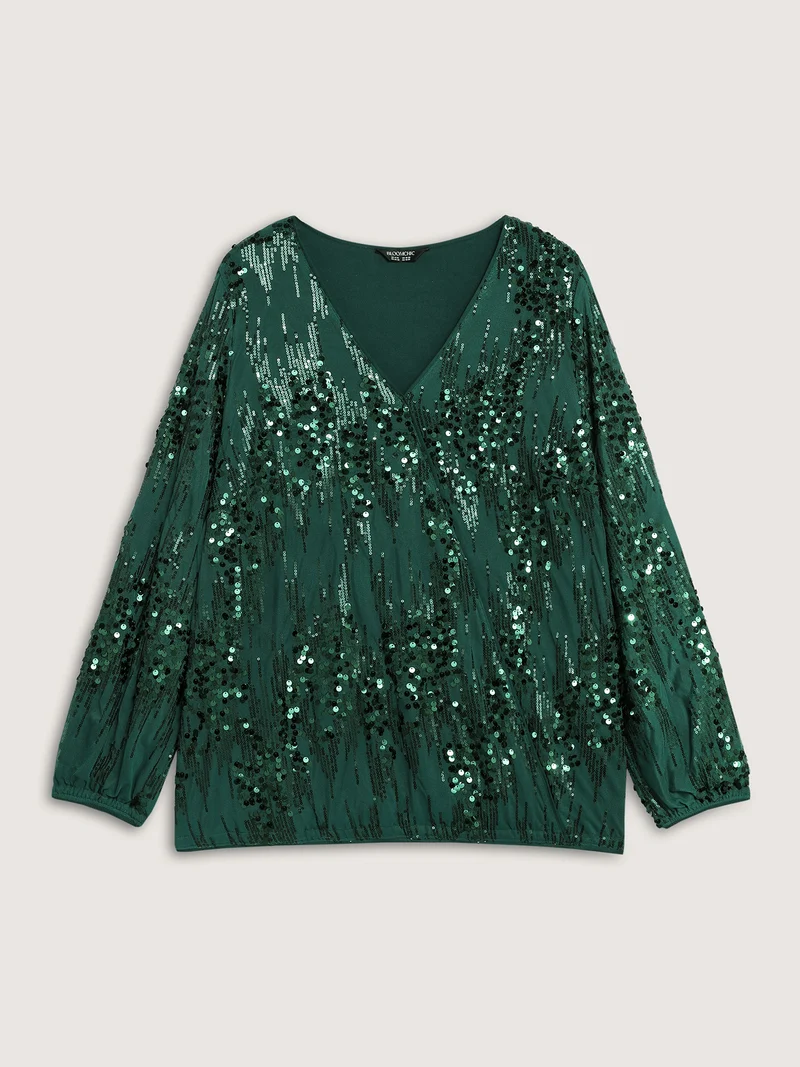 Shimmery Sequin Wrap V-Neck Blouse