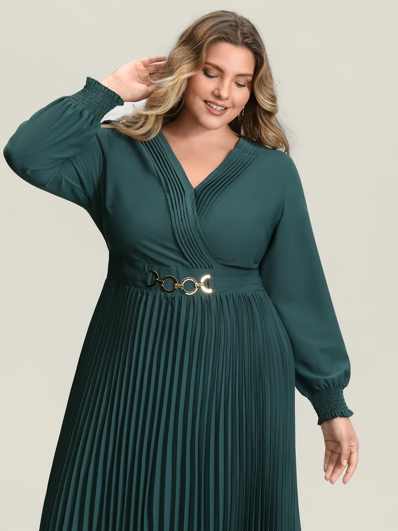 Pleated Wrap Neckline Shirred Waist Midi Dress