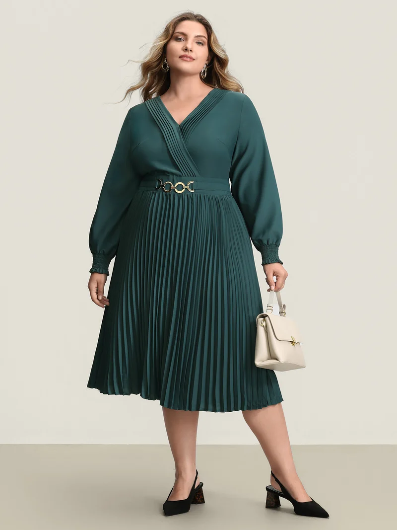 Pleated Wrap Neckline Shirred Waist Midi Dress