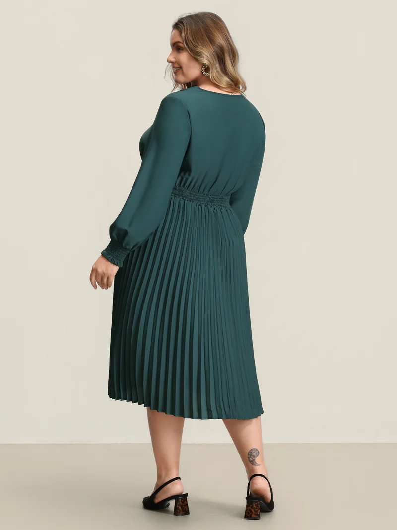 Pleated Wrap Neckline Shirred Waist Midi Dress