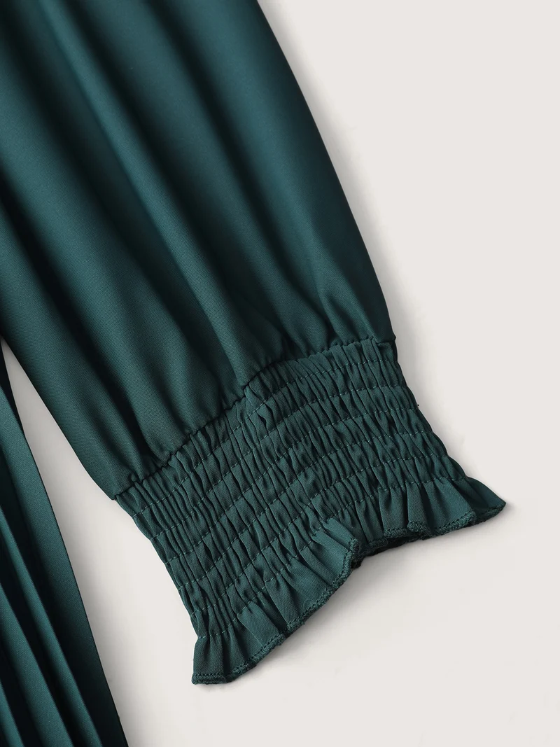 Pleated Wrap Neckline Shirred Waist Midi Dress