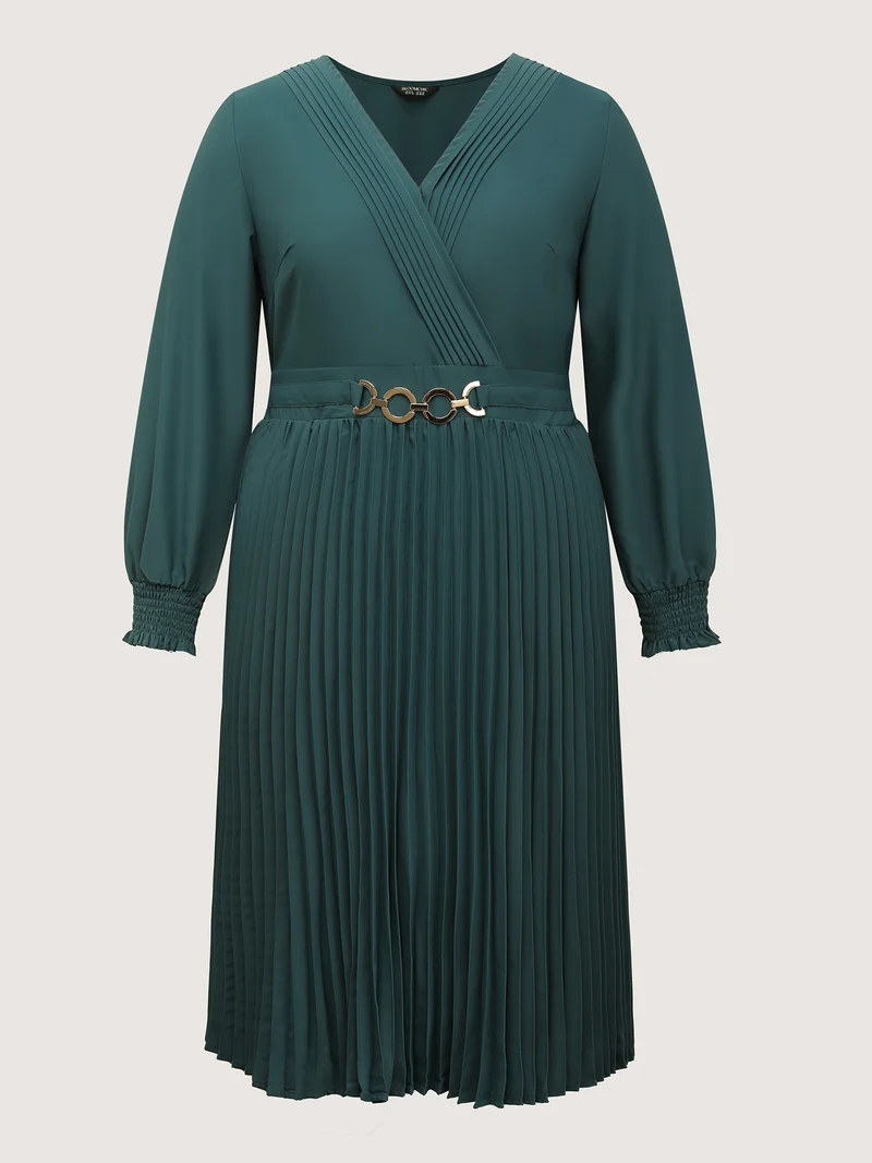 Pleated Wrap Neckline Shirred Waist Midi Dress