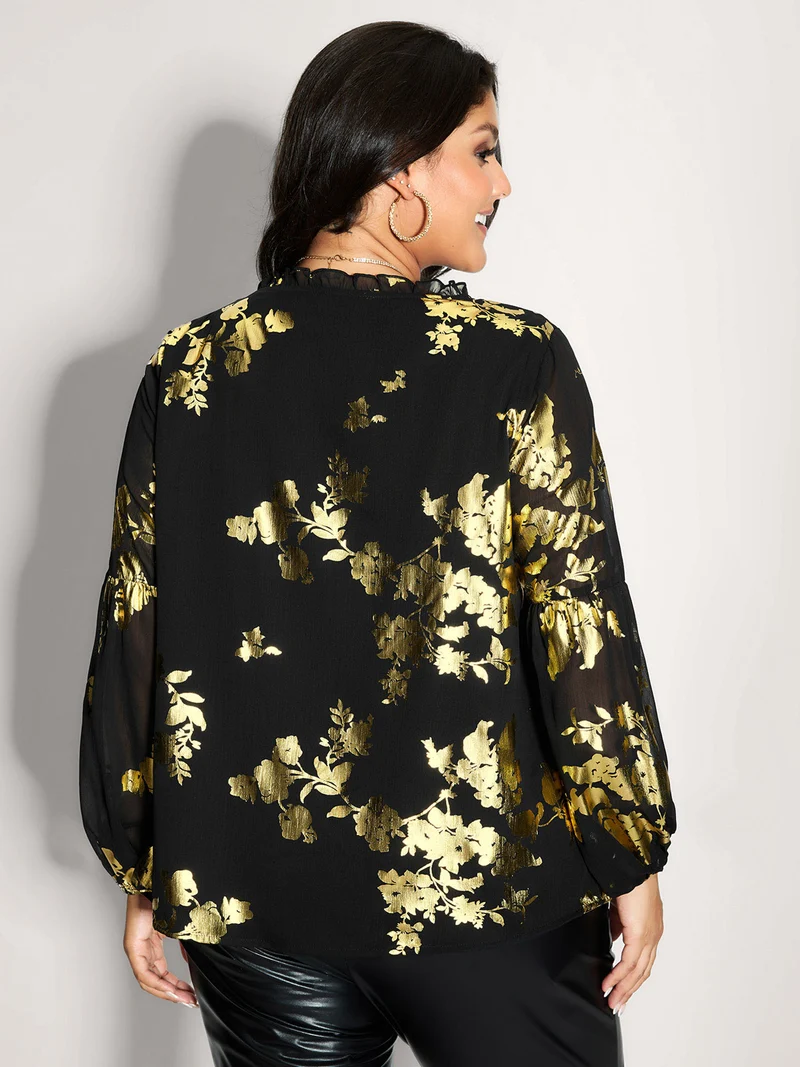 Floral Gold Stamp Sheer Button-Down Shirt