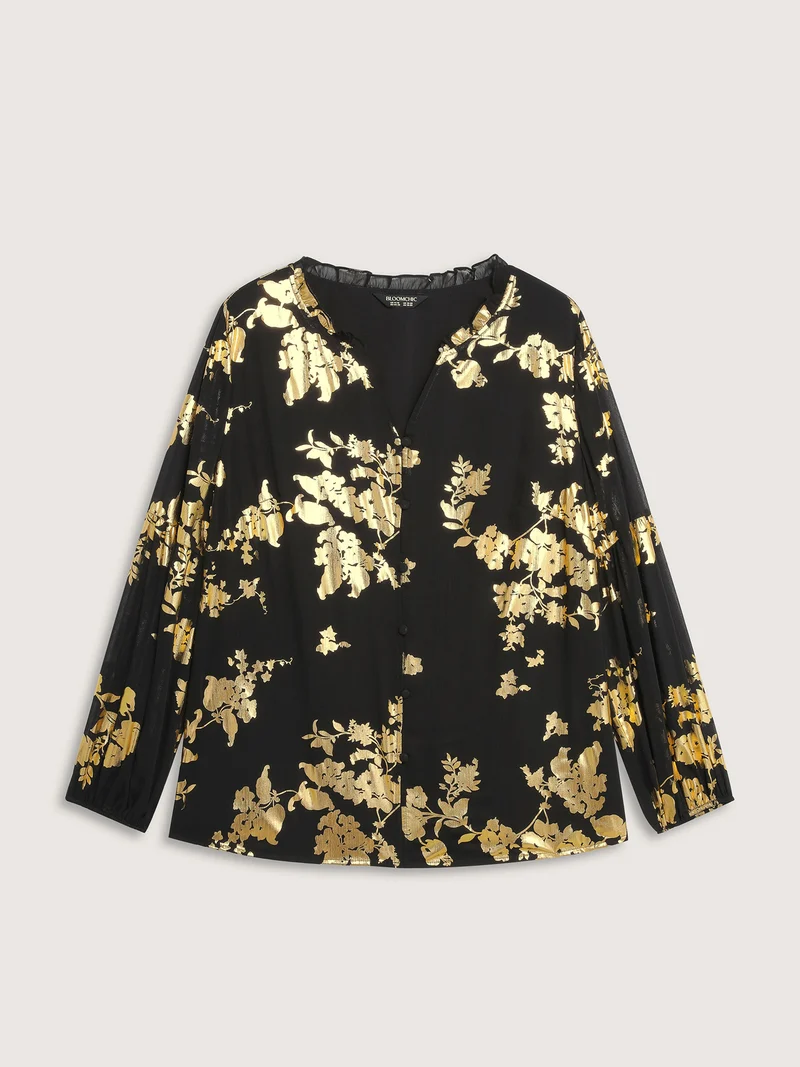 Floral Gold Stamp Sheer Button-Down Shirt