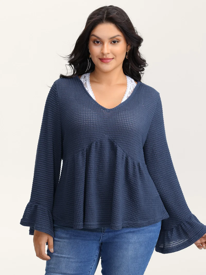 Textured Lace Ruffled Sleeve Knit Top