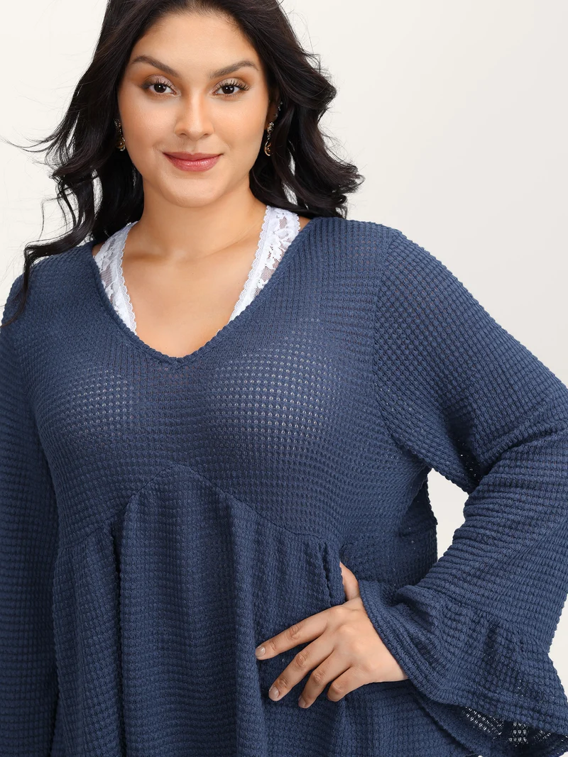 Textured Lace Ruffled Sleeve Knit Top