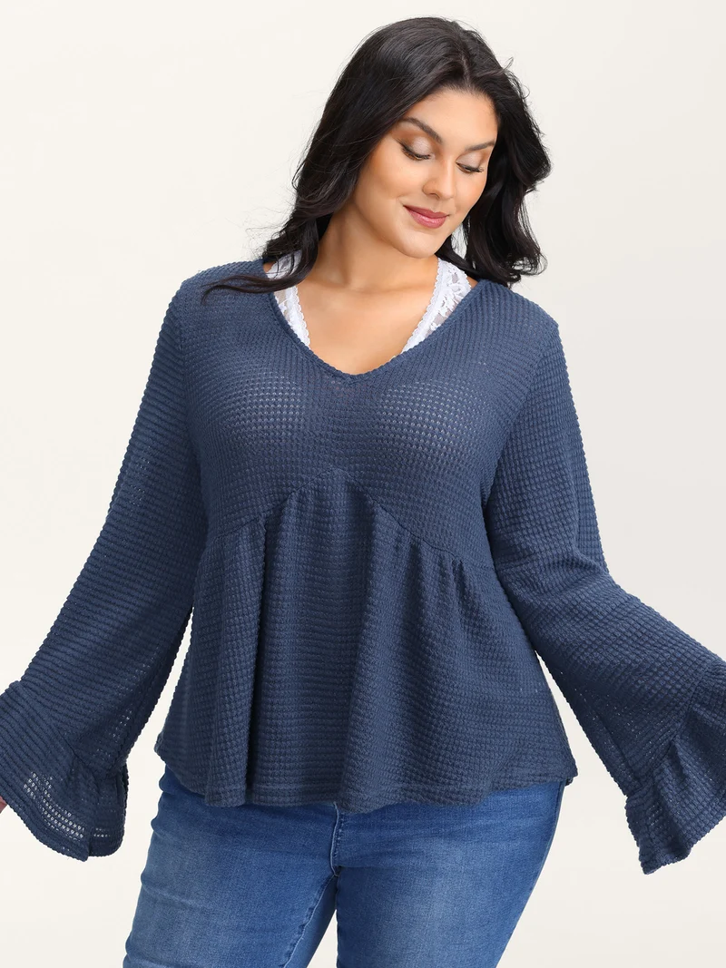 Textured Lace Ruffled Sleeve Knit Top