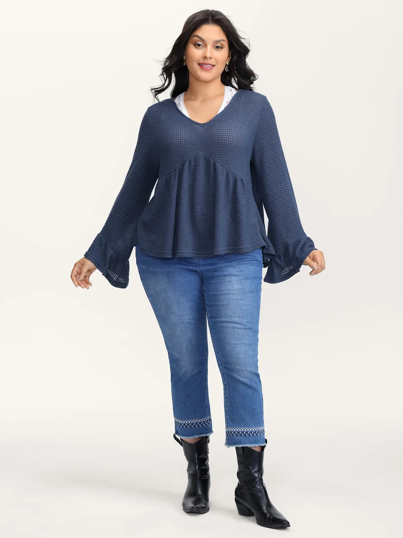 Textured Lace Ruffled Sleeve Knit Top