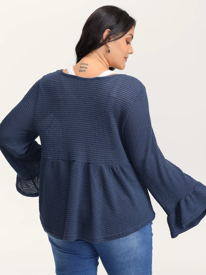 Textured Lace Ruffled Sleeve Knit Top