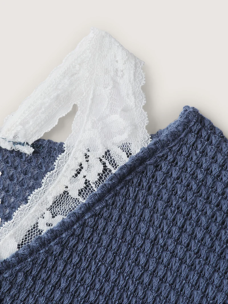 Textured Lace Ruffled Sleeve Knit Top