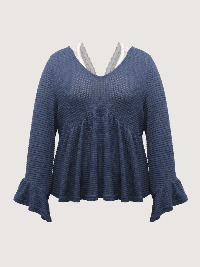 Textured Lace Ruffled Sleeve Knit Top
