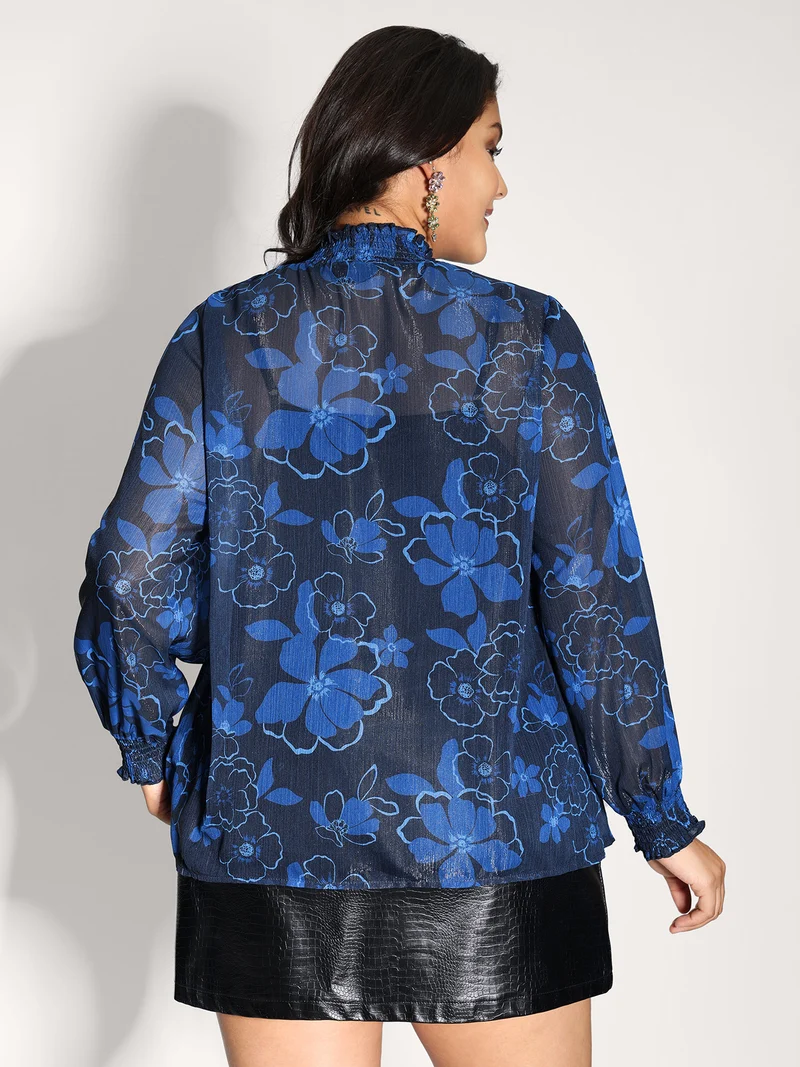 Gold-Threaded Chiffon Floral Print Lined Blouse