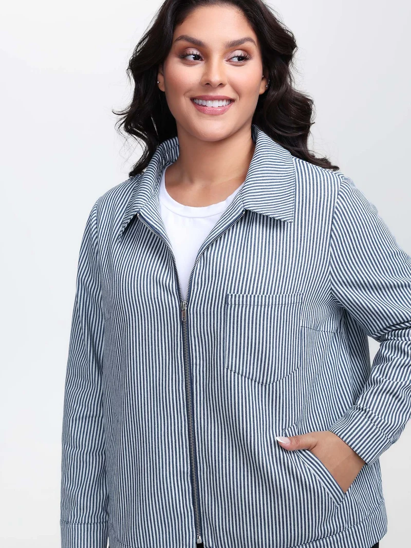 Denim Stripe Zipper-Front Jacket
