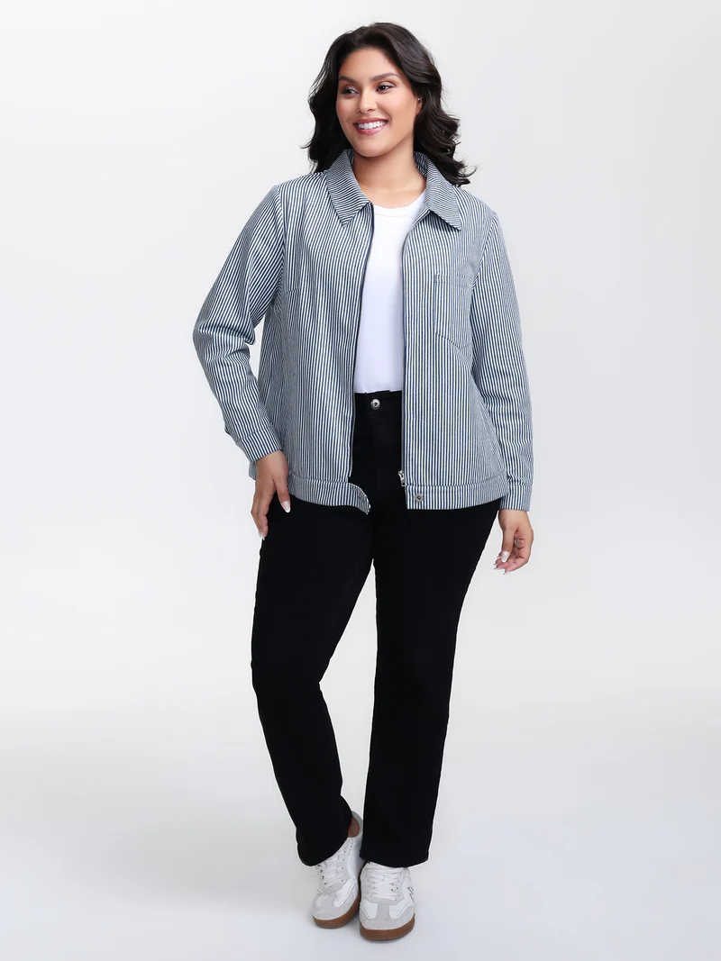 Denim Stripe Zipper-Front Jacket