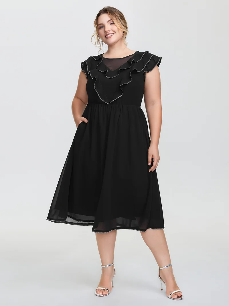 Sheer Rhinestone Chain Trim Ruffled Midi Dress