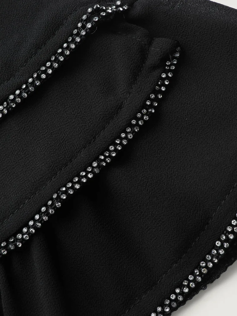Sheer Rhinestone Chain Trim Ruffled Midi Dress