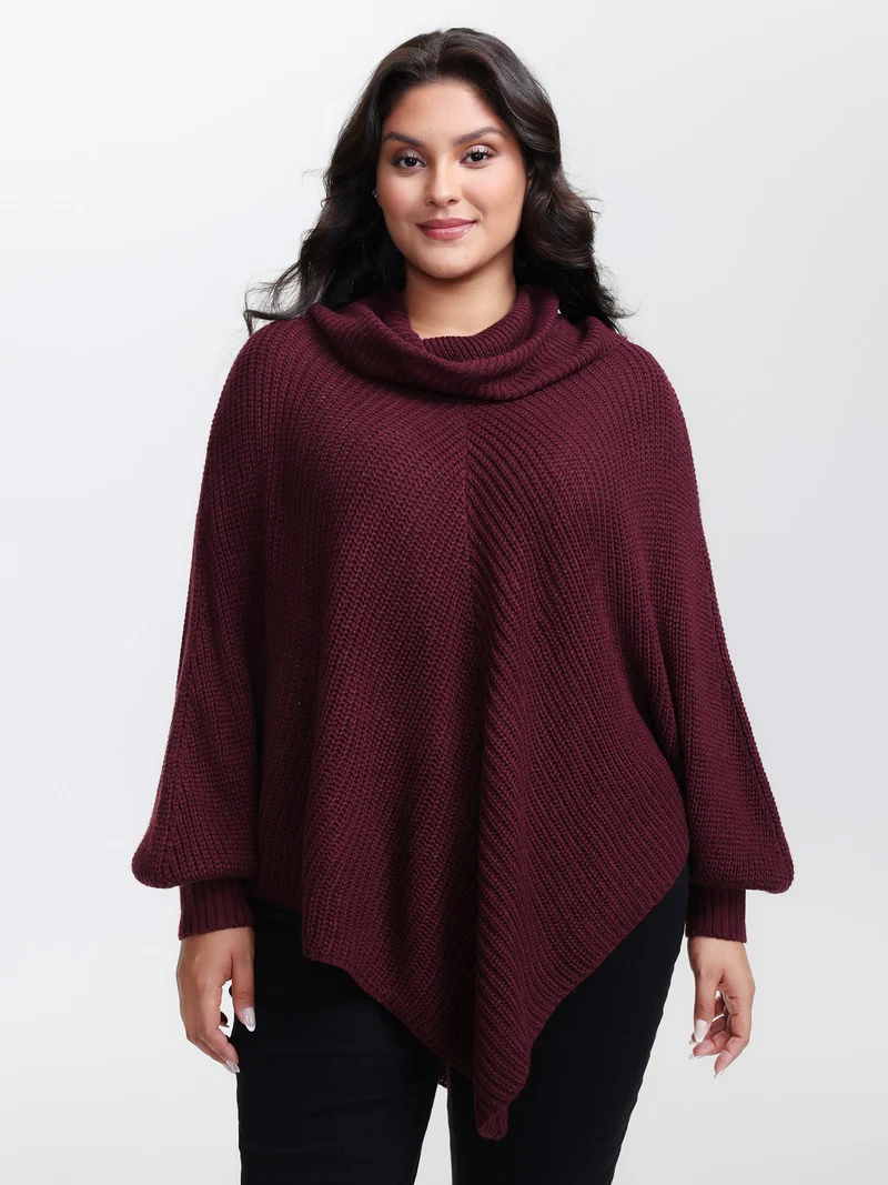 Turtle Neck Batwing Sleeve Asymmetrical Hem Pullover