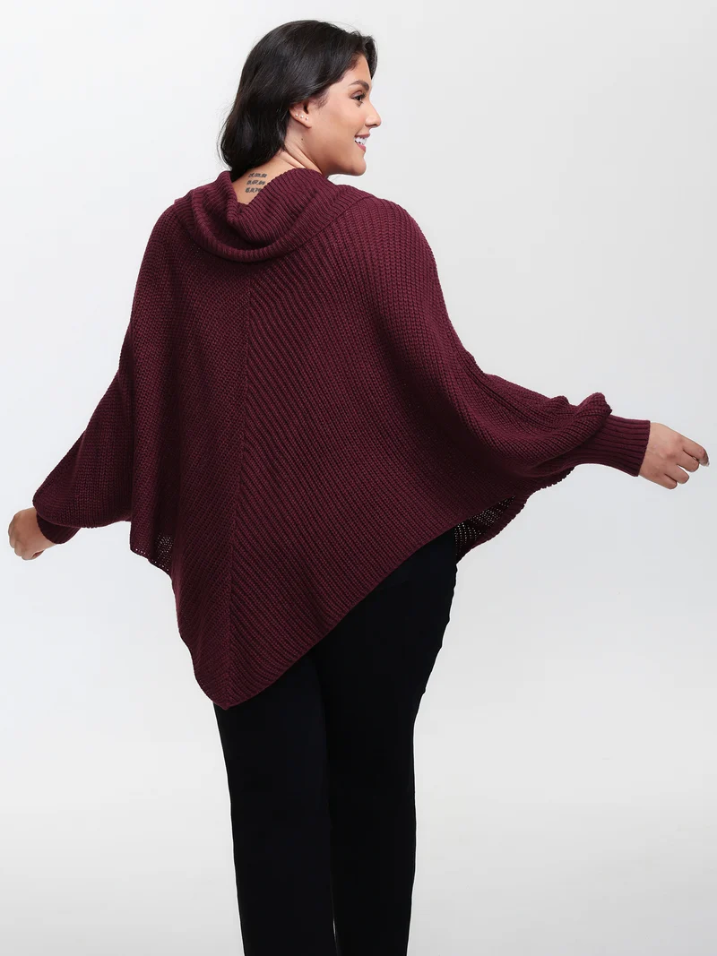 Turtle Neck Batwing Sleeve Asymmetrical Hem Pullover