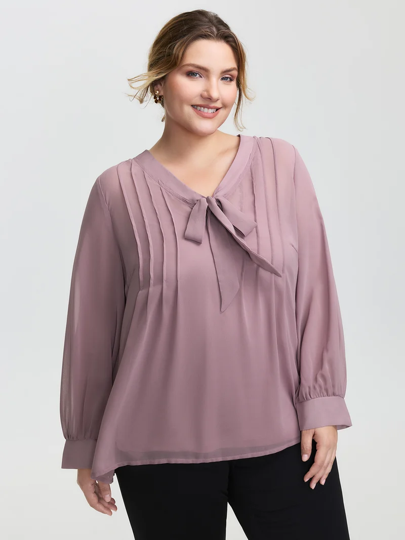 Toothpick Pleats Neck-Tie Sheer Blouse
