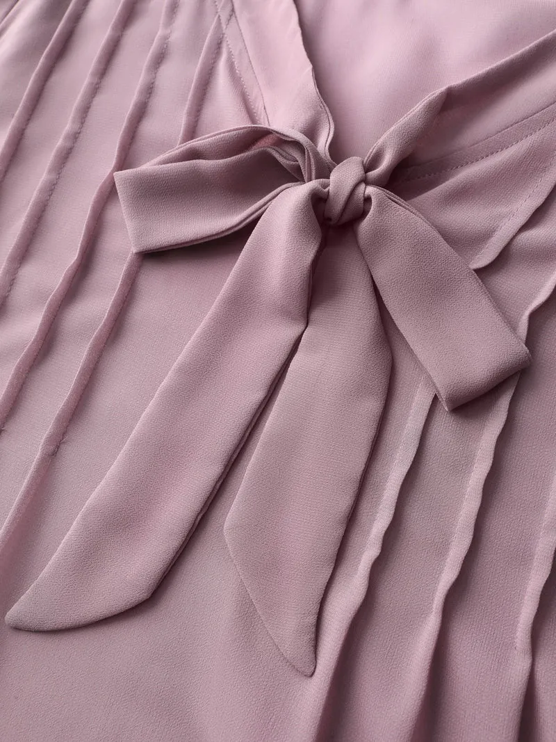 Toothpick Pleats Neck-Tie Sheer Blouse